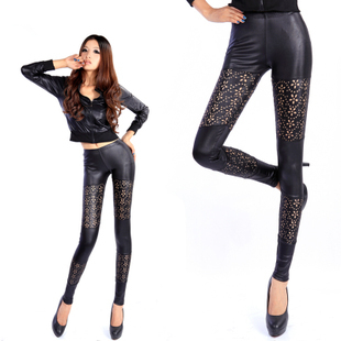 15$Mini Order Free Shipping Spring embossed faux leather trousers ankle length legging slim body shaping trousers female