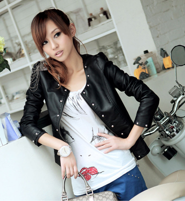 $15 off per $150 order Small leather clothing 2012 autumn water wash PU motorcycle jacket slim rivet women outerwear