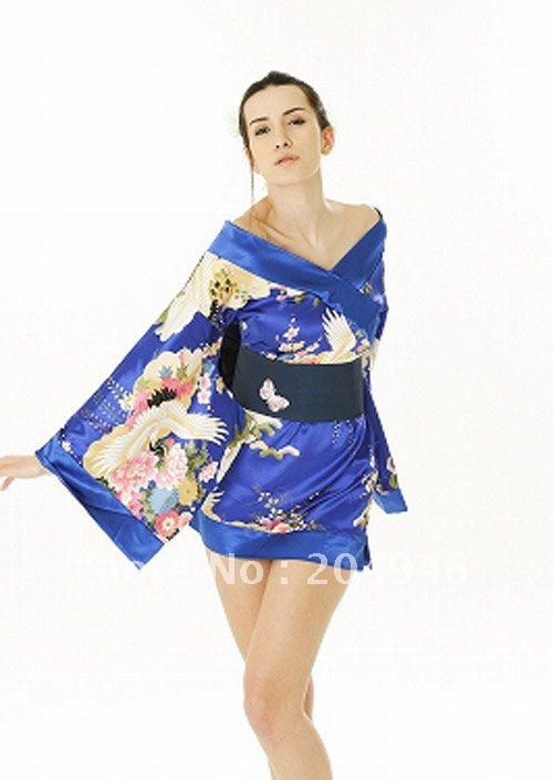 15% OFF Sexy women robes long sleeve Japanese kimono dress 2012 hot sexy party costume butterfly decor blue white black MZ8157