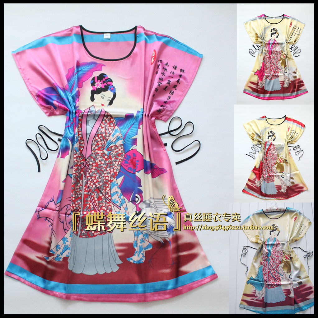 16 women's vintage Sweets calligraphy and painting faux silk short-sleeve nightgown robe summer silk bathrobes