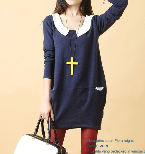 1656 2012 female peter pan collar medium-long loose sweater lantern one-piece dress