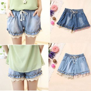 169 # 2012 Siazon tight elastic waist  Crochet put sweet denim shorts