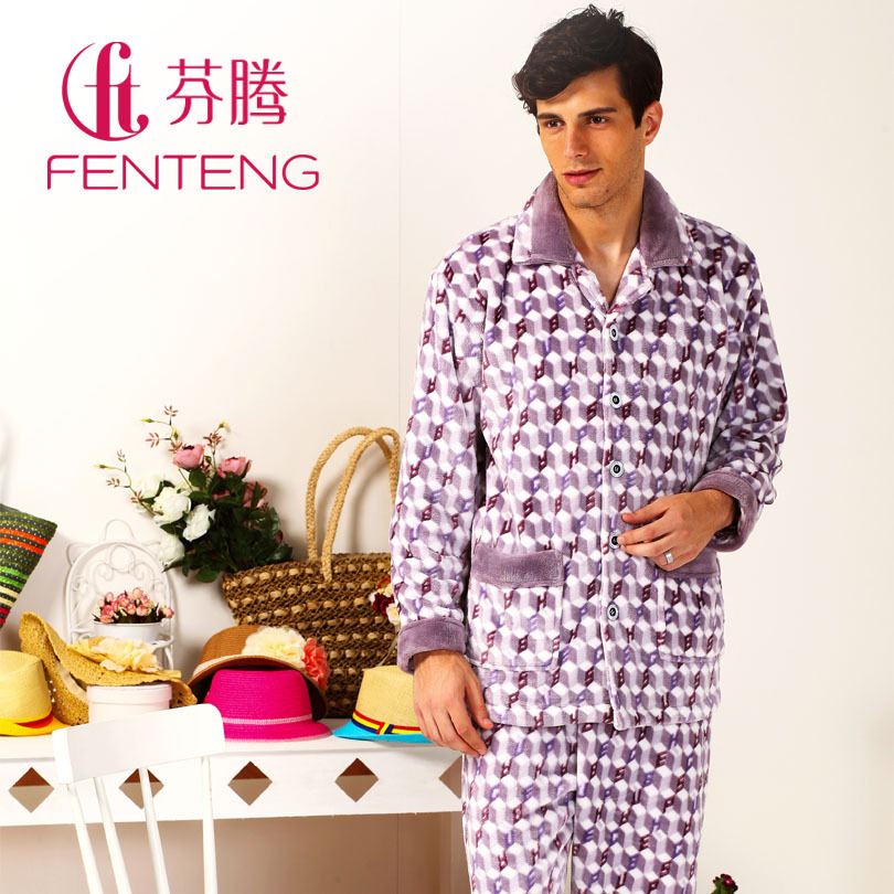 179 sleepwear autumn and winter male ladder coral fleece lounge set