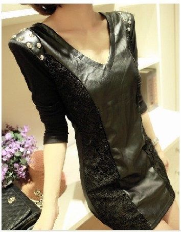 18481 V-neck leather mosaic gem double lace decoration double-shoulder tight-fitting dress one-piece dress