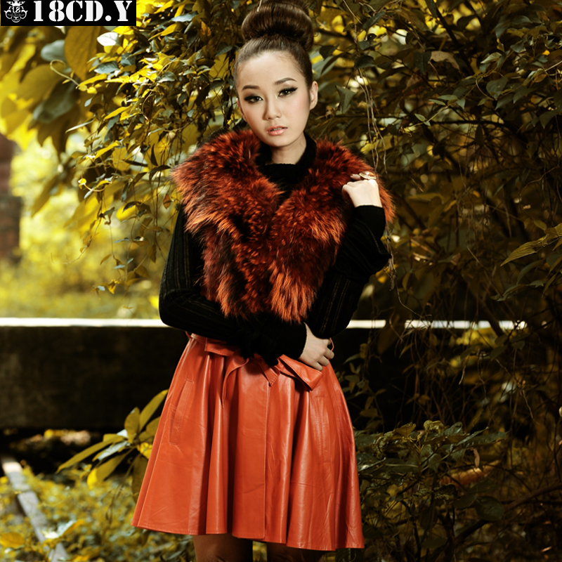 18cdy women's 2013 spring fashion large fur collar medium-long outerwear sheepskin leather clothing