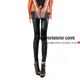 192 2011 women's pleated gauze sexy meat faux leather patchwork ankle length trousers legging