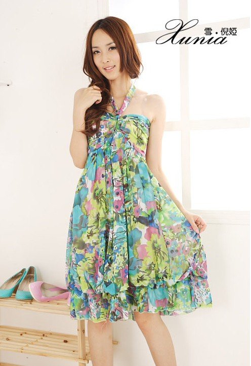 #199 Bohemian Dress  Floral Chiffon Tube Dress Halter neck dress