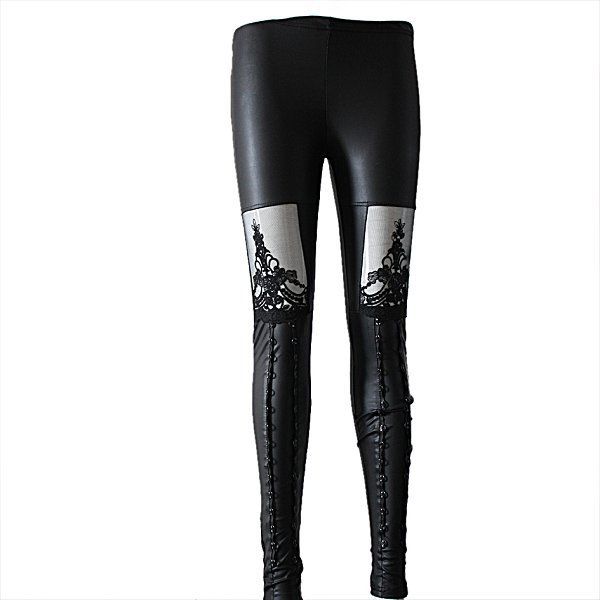 1pc /lot  Free Shipping New Black Retro Gothic Faux PU Leather Punk Style Lace Tights Pants leggings