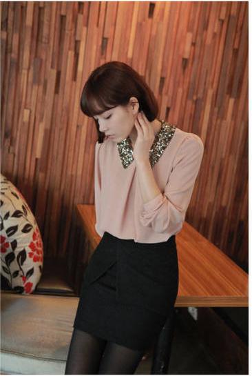 1pc/lot ,Free Shipping Wholesale Fashion Women/Lady Autumn Long Sleeve Sequined Turn-down Collar Blouse Chiffon T-Shirt Spring