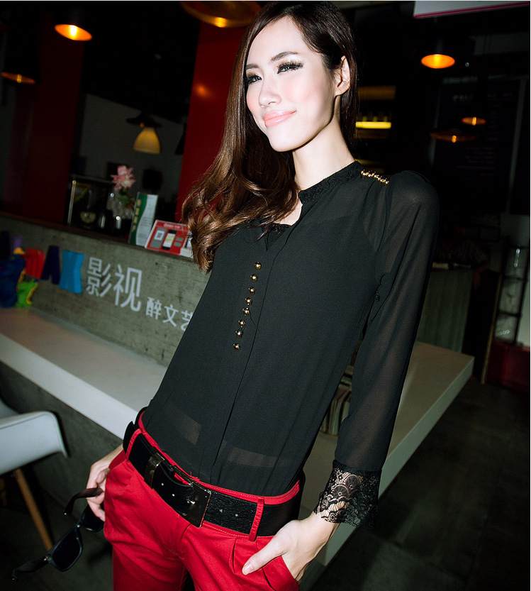 1pc /lot , Free Shipping Women Casual Long Sleeve Lace Chiffon Stand Collar Stitching Blouse Top Shirt