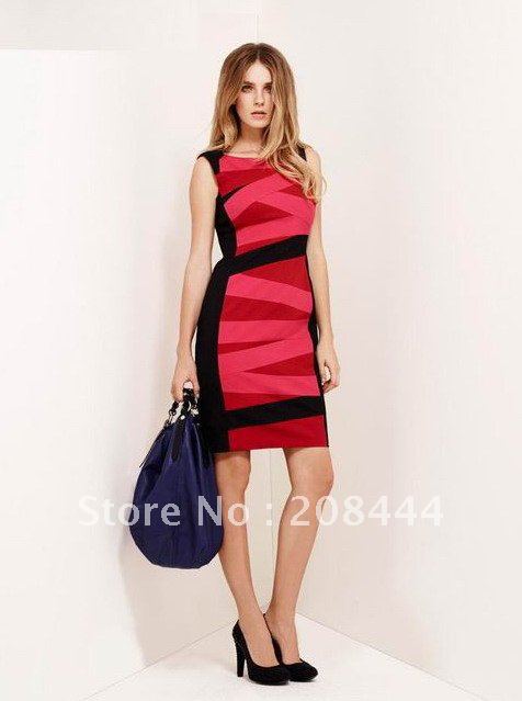 1pc sleeveless stripe colorblock, OL commute dresses, career dress IR175