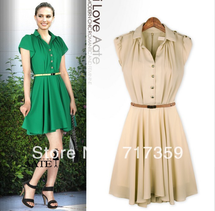 1pc Wholesale Hot Women Celebrity Simple Style Short Knee-length Casual Chiffon Dress Gold Button with Belt  2colors   651031