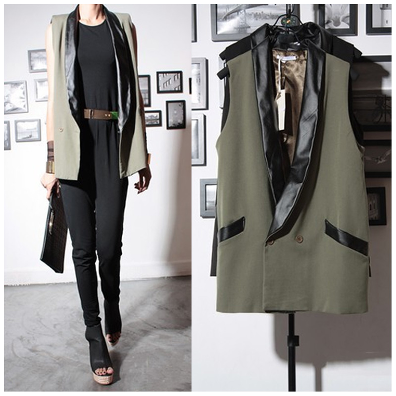 1pcs autumn fashion patchwork leather turn-down collar double breasted loose turn-down collar suit vest