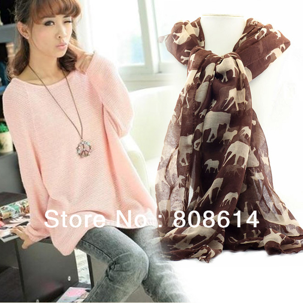 1PCS Elephant Print Design Long Soft Scarf Come With A Pink Fashion Women's Batwing Round Neck Long Sleeve Sweater