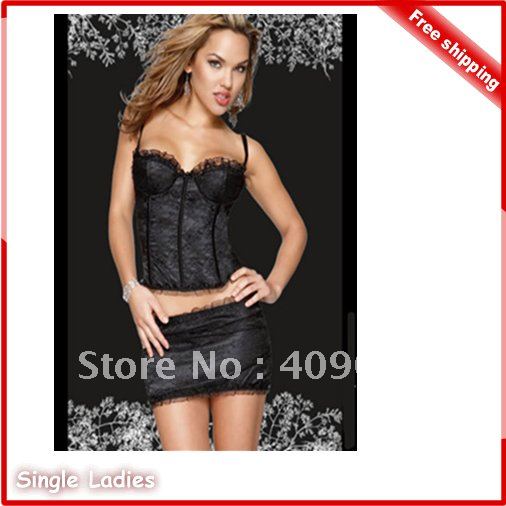 1pcs Sexy Corset Lace Up Corset Lingerie Strapless Bow Tie Bustier & Tutu Skirt +G-String Free Shipping