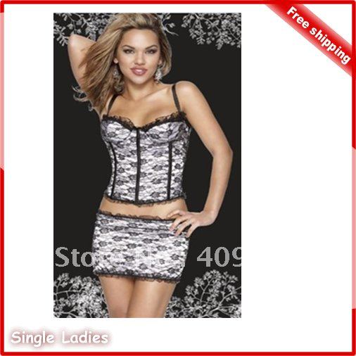 1pcs Sexy Corset Lace Up Corset Lingerie Strapless Bow Tie Bustier & Tutu Skirt +G-String Free Shipping