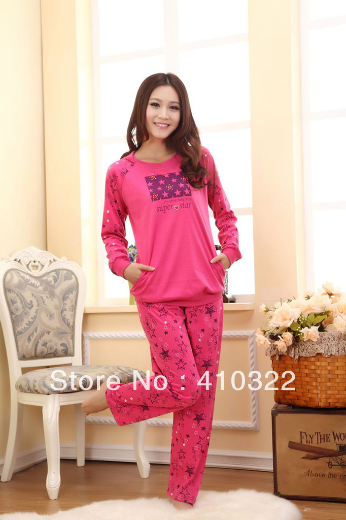 1Set/Lot Spring or Autumn Fashion Women Pink Pajamas Set Lady Pyjamas with hat Fancy Cotton Long Sleeve P6828 Free Shipping