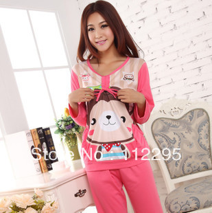 1set/lot women's sleepwear 4Color female long-sleeve cartoon knitted 100% cotton sleep set  lady's pajama House coat M/L/XL