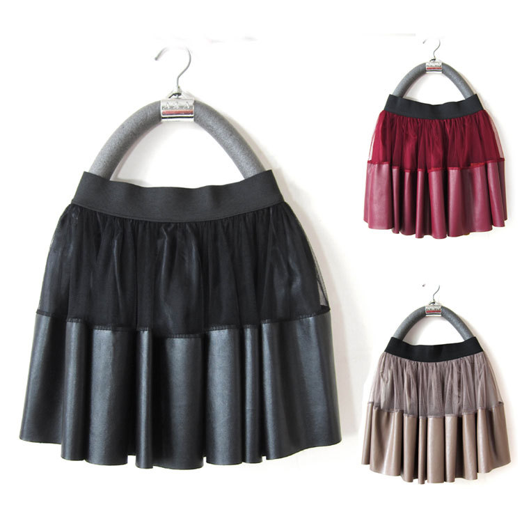 2 ! 2012 autumn and winter sexy transparent yarn PU girgashites patchwork expansion bottom short skirt bust skirt 683 Leather