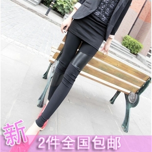 2 autumn female skinny pants faux leather patchwork ankle length trousers slim legging trousers thickening