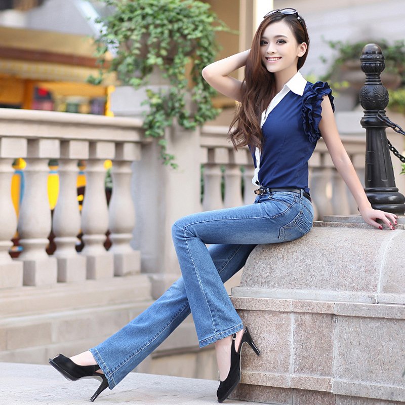 2 cattle 2012 mid waist elastic bell bottom trousers fashion jeans female