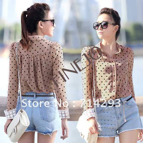 2 Color  Black/ Dark Pink and 2 Size New Women Career Charming Dots Chiffon Blouse Long Sleeve Shirt  free shipping 7658