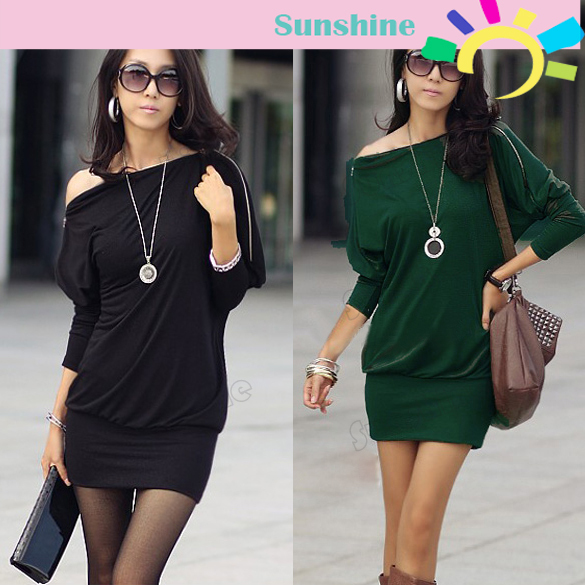 2 Colors Black Green Korea Women's Off-Shoulder Tops Shirt Zip Batwing OL Long Sleeve Dress Free shipping 3492