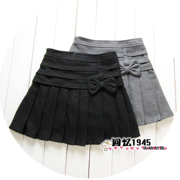 2 ! elegant bow interspersion thick woolen pleated skirt short skirt a-line skirt 208 short in size Leather fashion