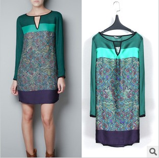 2 fashion color block multicolour print V-neck women's long-sleeve dress basic skirt plus size A1502