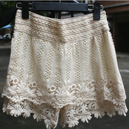 #2 Hot women's tiered hook hollow crochet floral mid-waist layered knit pantskirt mini shorts skorts safety pants culottes