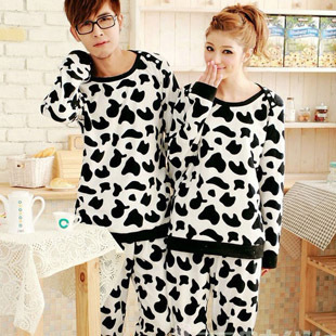 2 kit knitted cotton 100% cotton long-sleeve lovers sleep set cow male women's lounge sleep wears for lovers