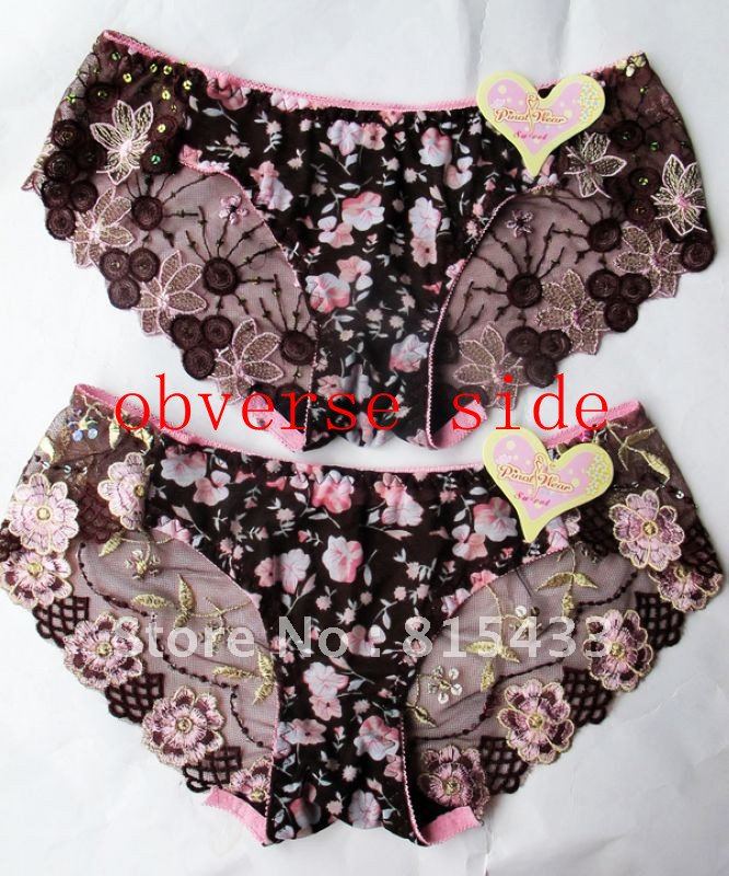 2 Pcs Brown Sexy Translucent Flower Panties Underwear