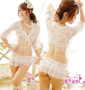 2 Pcs Set Ladies Mini Lingerie Women's Lace Underwear Dress+G-string Sexy White