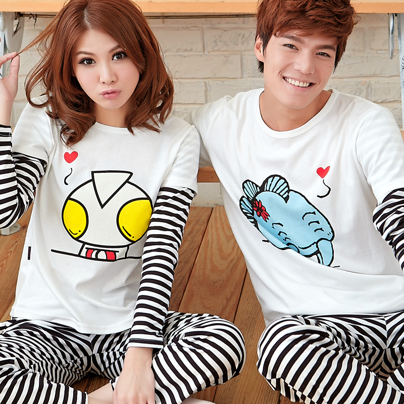 2 set lovers cotton sleep set cartoon long-sleeve lounge faux two piece set