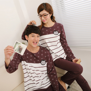 2 set spring and autumn stripe lovers sleepwear female cotton long-sleeve lounge male sleep set