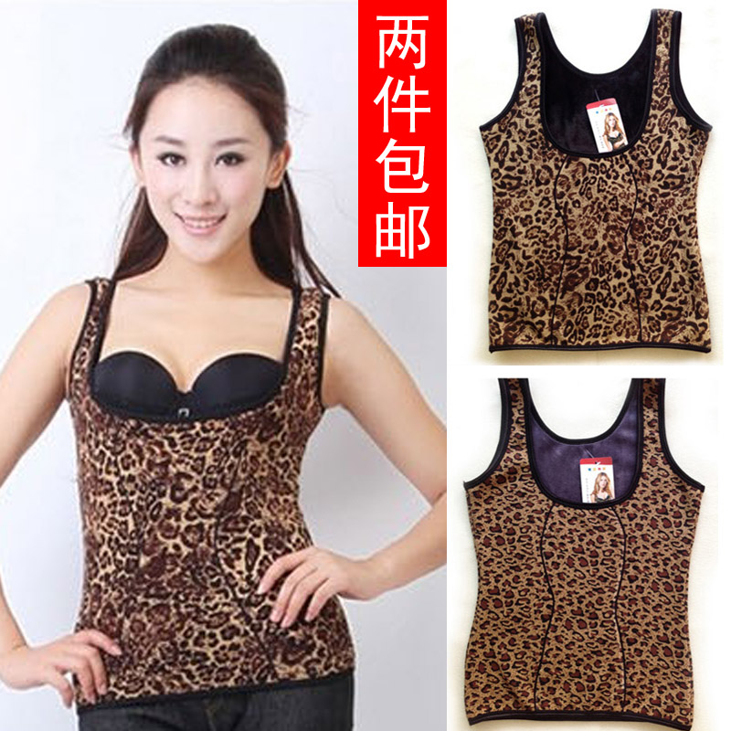 2 women's abdomen drawing body shaping beauty care clothing thermal underwear plus velvet thickening leopard print thermal vest