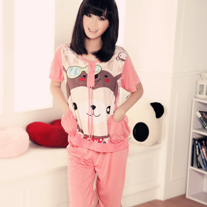 20 lovely sleepwear female 100% cotton lounge women's cartoon short-sleeve sleep set at home service