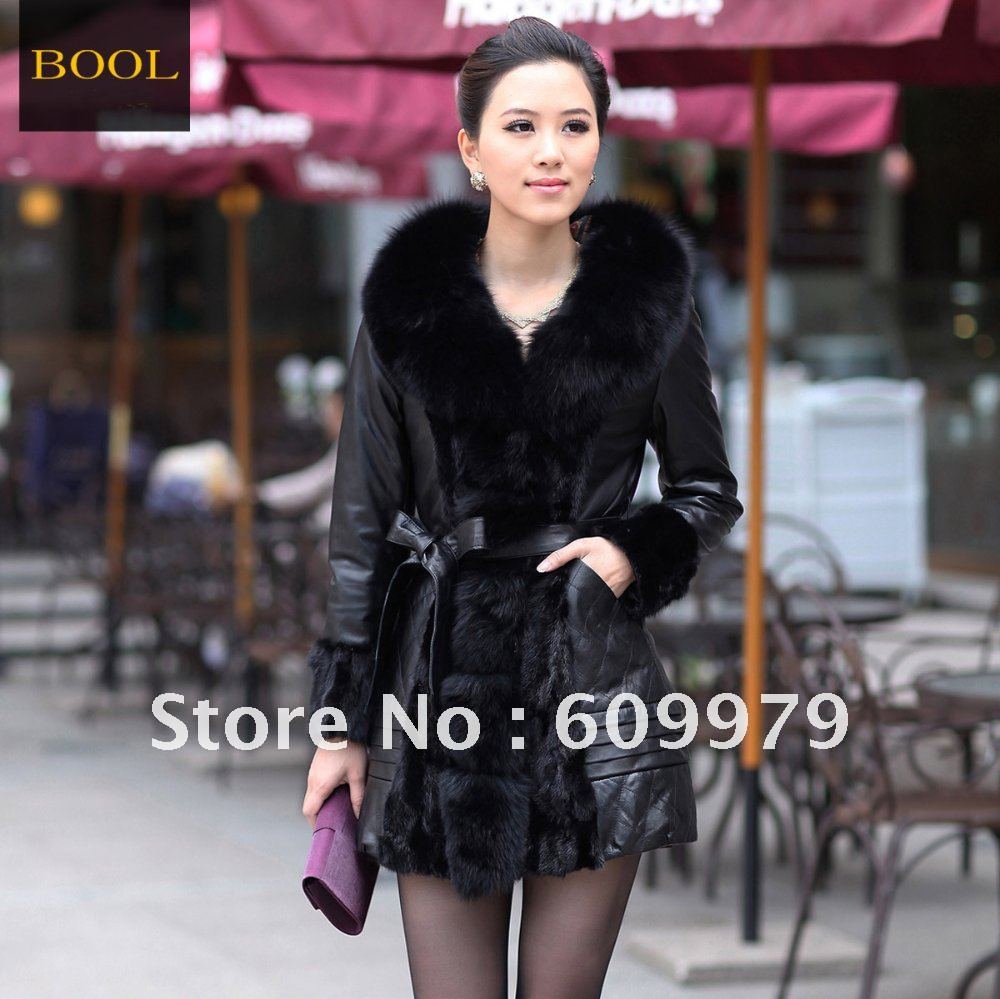 20% OFF 2012 Big Fox Fur Collar Plus Size Lamb Fur Coat Women With Mink Fur Back FM00168 Size of  M, L, XL, XXL, XXXL