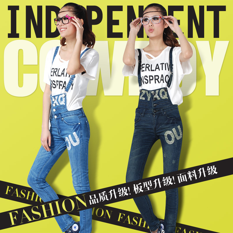 2001 women's denim bib pants style spring and autumn jumpsuit slim spaghetti strap trousers