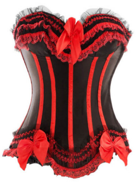 2005---sexy lingerie satin lace up over bust traditional corset bustier with bow zipper lace top+thong size S-2XL