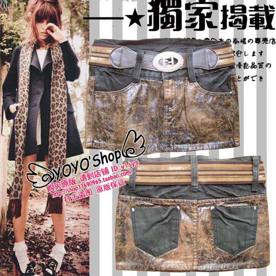 2010 autumn and winter female coffee leather doodle patchwork slim denim short skirt a sly