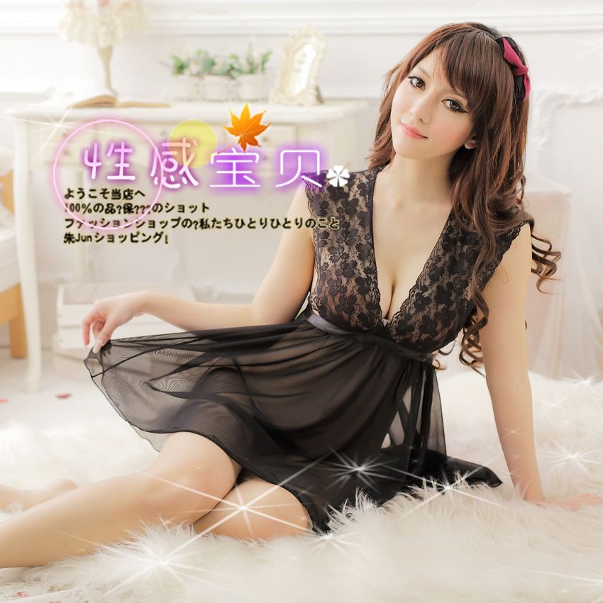 2010 super hot sexy black lace net yarn perspective short skirt + t-back V collar pajamas underwear