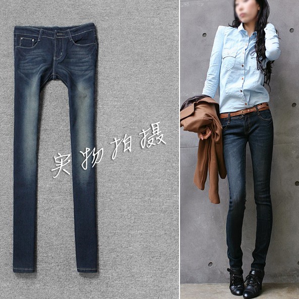 2011 4329 whisker wearing white slim legs elastic skinny pants pencil pants denim trousers