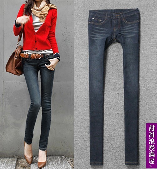 2011 43850 wearing white slim legs elastic skinny pants pencil pants denim trousers