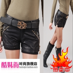 2011 autumn and winter mid waist leather shorts female PU shorts boot cut jeans female leather pants