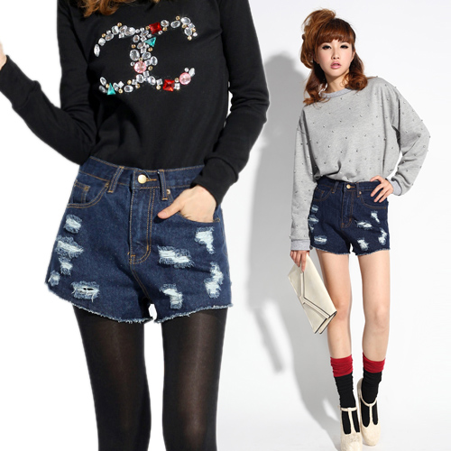 2011 autumn and winter women loose casual distrressed high waist denim shorts Dark Blue