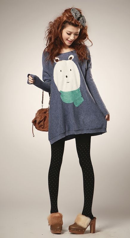 2011 autumn bear pattern loose plus size rabbit hair batwing shirt sweater outerwear