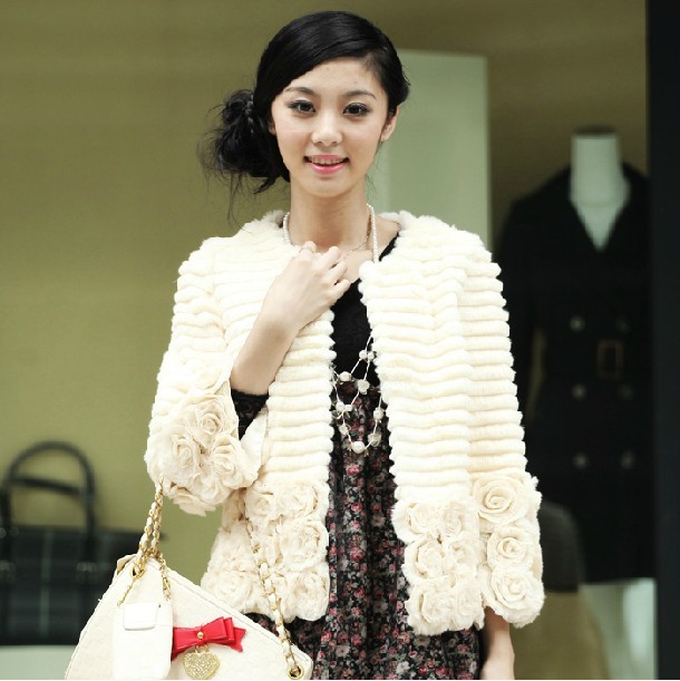 2011 autumn rabbit fur rose flower fine stripe fur coat fur