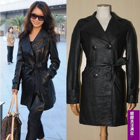 2011 autumn women's 060883 women's slim long design leather clothing trench