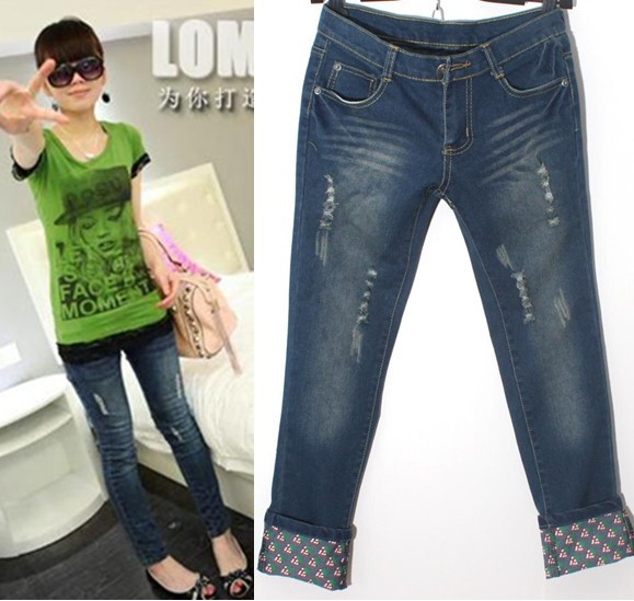 2011 autumn women's 318k cherry water wash distrressed legs slim denim ankle length trousers high quality